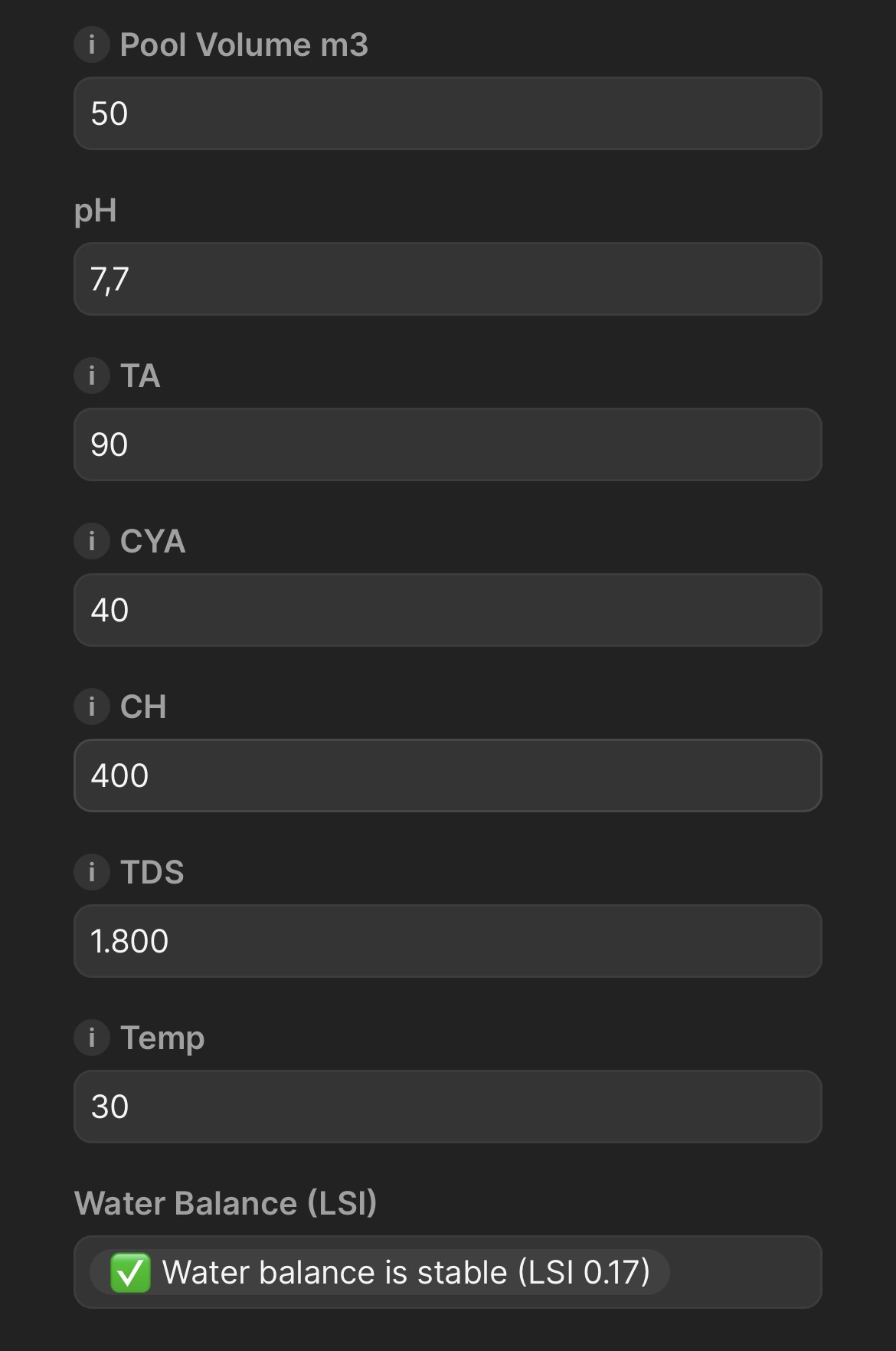 Pool Health LSI calculator showing balanced water at CH 400 ppm with LSI +0.17